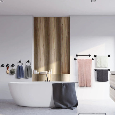Bathtub scene with 13 Pieces Industrial Pipe Towel Rack Set Matte Black Bathroom Hardware With Towel Bars Towel Ring Hooks And Paper Holder.