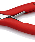 Red-handled six function precision electronics pliers for wiring and cable work do it all tool that grips flat and round material.