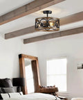 Bedroom with Semi Flush Mount Ceiling Light Fixture With 3 Lights, Open Drum Frame, Dope Modern Rustic Farmhouse Style, Black And Wood Grain Finish