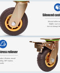 Insanely Durable Swivel Caster Wheels With Secure Brake Locks Floor Friendly Rubber Rolling Gear Rock Solid 125 Mm Industrial Transport Casters close-up view of rubber wheel with gold rim and mounting plate.