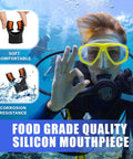 Diver using Silicone Scuba Diving Mouthpiece Regulator Replacement With Regulator Tie, showcasing comfortable bite guard and corrosion resistance.