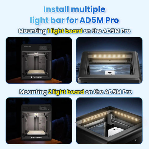 Installation of AD5M 24V LED Strip Kit for 3D printers on Adventurer 5M Pro, showing single and double light board setups.