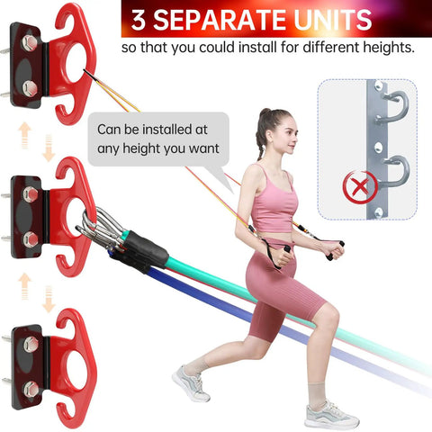 Kickass Wall Anchor For Resistance Bands With Secure Lock Rings and Quick Release Hooks, showcasing three adjustable units for height.