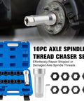 Front view of Marvelity 10-piece axle spindle thread chaser set in a blue plastic case with 8 dies, 1-1/16 inch extension bar, and UNEF nuts for M20/M22/M24 spindles