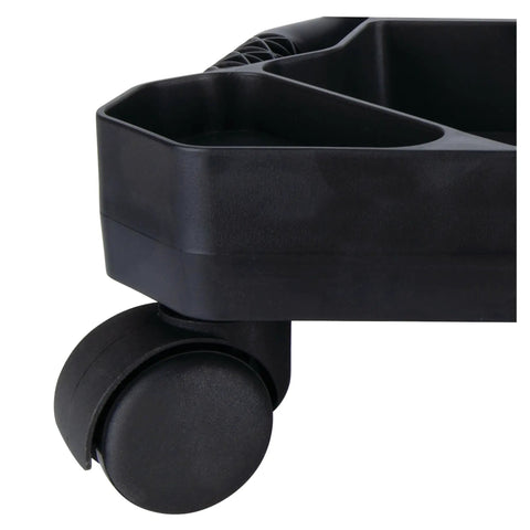Close-up of the corner of a Rolling Tool Creeper Caddy Tray With Five Compartments For Mechanic Garage And Workshop Organization Durable Black