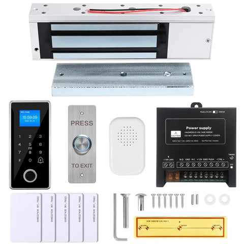 Heavy Duty Waterproof Magnetic Fingerprint Door Access Control Kit With 1200 Pound Holding Force RFID Keypad Reader 5 ID Cards 110V Power Supply And Metal Exit Button For A No Fuss Secure Lock System