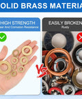 Precision Engineered Heavy Duty 58 Pack Brass Flat Washers M5 shown comparing solid brass washers to rusted alternatives.
