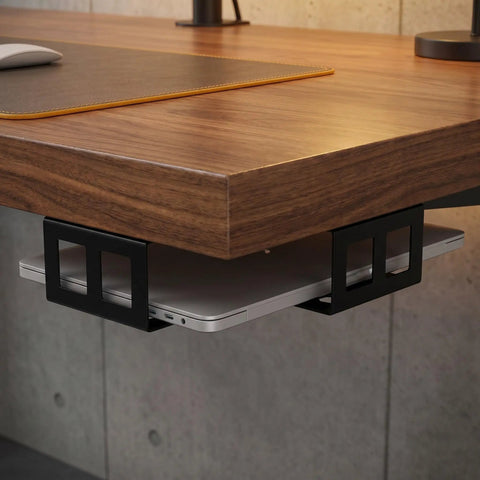 Drop Dead Solid Two Pack Under Desk Laptop Mount With Reinforced Iron Frame And Non Slip Eva Mat, Clever Hidden Bracket For Tight Rooms To Keep Your Desktop Slick mounted under wooden desk