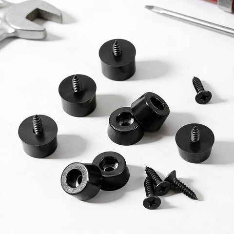 Heavy Duty Rubber Feet And Isolation Pads To Crush The Rattle And Keep Your Gear Planted Solid For Subwoofers Guitar Amps Turntables And Furniture With Stainless Screws, pack of eight black rubber pads with screws.