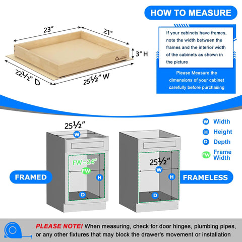 Heavy Duty Soft Close Pull Out Drawers for Cabinets 23 Inch Wide dimensions illustration for fitting guide, 21-inch width, 3-inch height.
