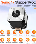 NEMA 17 stepper motor front view; silver top plate, black body, exposed shaft, 42×40mm frame