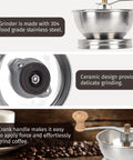 Wide Mouth Mason Jar Coffee Grinder Lid Attachment with Ceramic Burrs, stainless steel manual grinder showcasing components and handle.