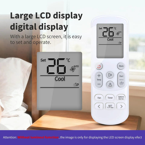 Large LCD display of Premium Replacement Remote For Samsung Air Conditioner Db96-25318f And Db96-24901b showing temperature settings.