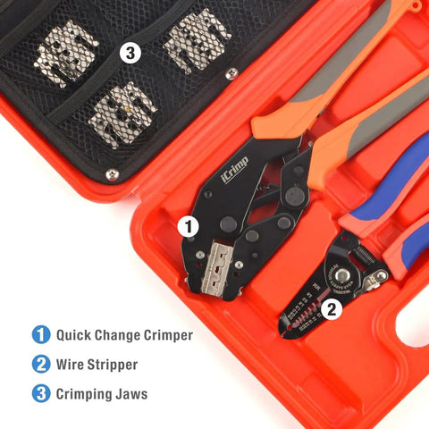 8 Piece Ratcheting Wire Crimping Tool Set With Quick Change Dies For Insulated Heat Shrink And Non Insulated Terminals Battery Cable Lugs IWS4 with built-in wire stripper and crimper in a red case