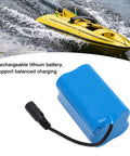 Massive 12000mAh 7.4 Volt Rechargeable Lithium Battery For RC Fishing Bait Boats shown with yellow RC boat