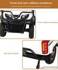 Electric Golf Cart For Two Serving Up A Sweet 800W Ride Motor With Spacious Cargo Bin showing front and rear collision avoidance features.