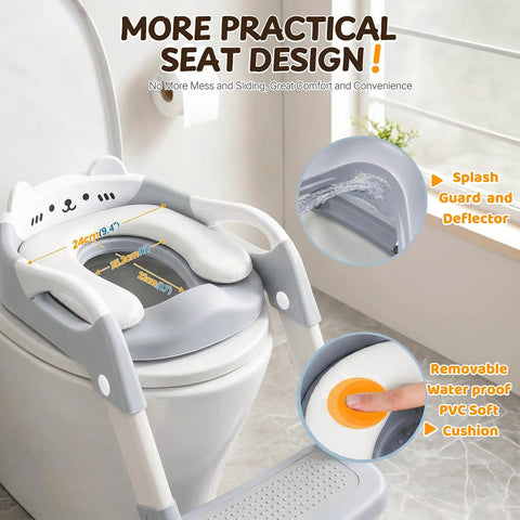 Toddler Potty Training Seat With Step Stool And Adjustable Height Toilet Trainer For Kids features splash guard and removable cushion.