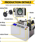 High Precision Automatic Intelligent CNC Plastic Pipe Cutting Machine For Pvc And Pe Tunes showing detailed parts like clamping plate, cooling fan, and LCD display.