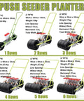 Adjustable Manual Vegetable Seeder Hand Push Seed Planter Easy To Use For Small Seeds Carrot Spinach Lettuce Soybean Peanut Garden Tool With Depth Adjustment From Zero To Five Centimeters For Precise Sowing In Backyard Or Farm Two Row And Spacing displayed in six configurations from one to six rows.