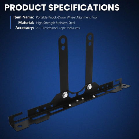 Lock That Factory Straight Look With This Pretty Solid Knock Down Wheel Alignment Kit Featuring Removable Toe Plates Center Bar And Dual Measuring Tapes For No Sweat Front End Camber Adjustments In Matte Black, stainless steel tool with dual vertical mounts.
