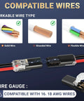 2 Pin Low Voltage Wire Connector Kit For 16 To 18 AWG Cables showing compatibility with solid, stranded, and flexible wires.