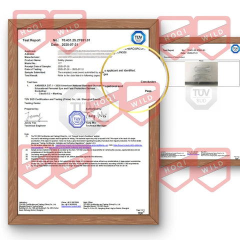 Framed test report showing ANSI Z87.1 certification for Over Eyeglasses Safety Goggles 6 Pack Anti Fog Anti Scratch lenses