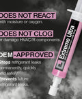Side view of Extreme Ultra A/C leak stop syringe with pink label and white plunger