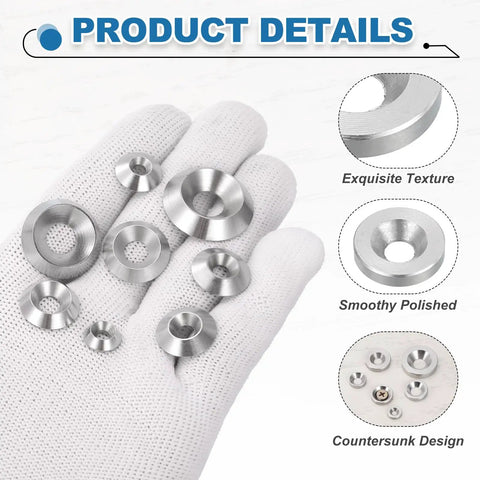 Built Tough 304 Stainless Steel Countersunk Washers With A Damn Slick Counterbore Head For Superior Load Distribution On Furniture Builds And Car Restoration Work, shown in hand.