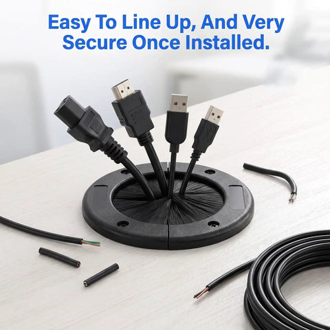 Large 2 Pack Round Split Grommet Heavy Duty Plastic Floor Cable Sleeve with multiple cables installed on a desk.