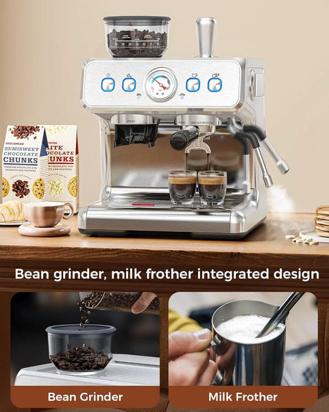 20 Bar Espresso Machine With Built-In Grinder And Milk Frother For Home Use, stainless steel coffee maker on kitchen counter