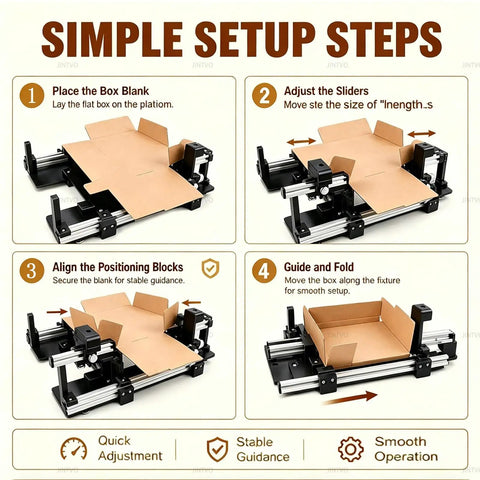 Simple setup steps for Heavy Duty Manual Box Folding Rig Adjusts Instantly To Cardboard Cartons with clear instructions and visuals.