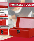 No Cap Heavy Duty Metal Tool Box With Secure Latch Lock, Portable 12 Inch Steel Storage Case For Job Sites And Backyard Builds, Durable Powder Coated Shell In Bold Red with PP handle and integrated hinges.