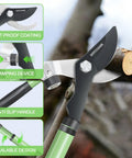 Beefy Heavy Duty Telescoping Loppers With SK5 High Carbon Steel Blade cutting a branch, showing rust-proof, damping, anti-slip features.