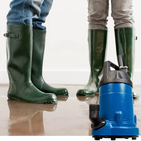 Aluminum Multi Purpose Pump 115 Volt One Third HP 2000 GPH With Ten Foot Cord for home water transfer, green boots in background.