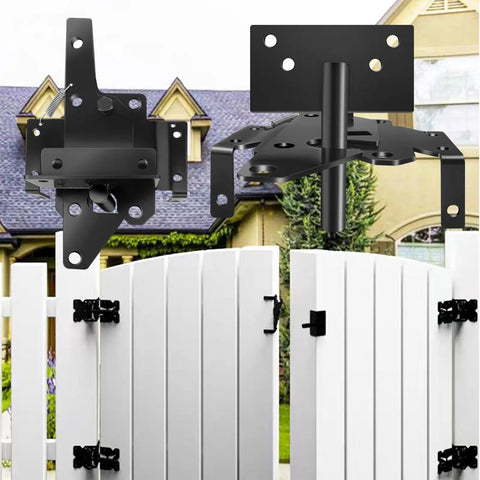 Heavy Duty Self Locking Gate Latch And Hinges Set Built Hella Tough For Vinyl Wood And Metal Fences with swing adjuster for gates.