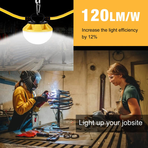 Worker using 100Ft LED Construction String Lights IP65 Waterproof ETL Certified Daylight 5000K in a workshop setting