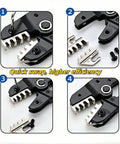 Top Shelf Wire Crimping Tool Kit With Slick Quick Swap Dies And Sweet Ergonomic Handles For Tough Electrical Jobs showing quick swap mechanism.