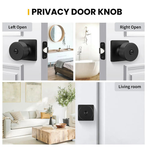 Sleek Matte Black Interior Door Knobs With Privacy Locks For Bedroom And Bathroom Include Rock Solid Hardware And Quick Install For A Dope Room Refresh Without Stress showing left and right open positions.