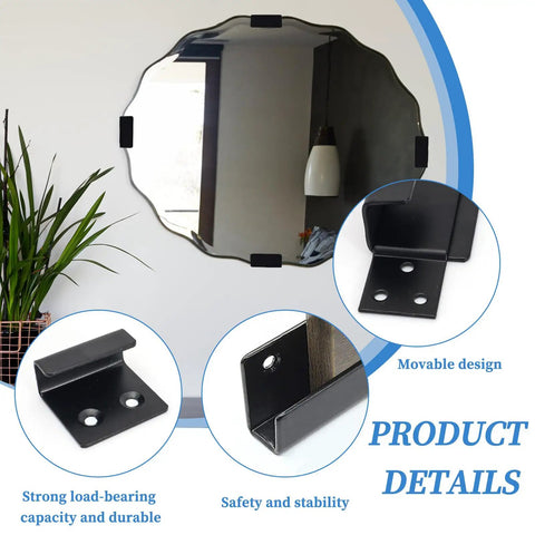 Built Like A Tank Movable Mirror Wall Mount Brackets Stainless Steel Heavy Duty J Hook Clips Include Screws And Anchors Smooth Setup Six Pack Kit attached to stylish mirror with plant background.