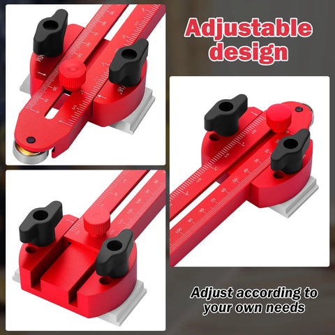Heavy Duty Aluminum Thin Rip Jig Compatible With Table Saws Featuring Adjustable T Slot Track For Kickass Precision On Narrow Wood Cuts And No Sweat Setup Anytime with red adjustable design and measurement markings.