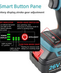 Smart button pane of Total Badass Cordless Automatic Rivet Nut Gun With Brushless Motor, showing battery display and gear adjustment.