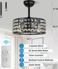 Sleek Bladeless Ceiling Fan With Remote, Crystal Chandelier Light, 17.7 Inch Black Farmhouse Ceiling Fan For Bedroom
