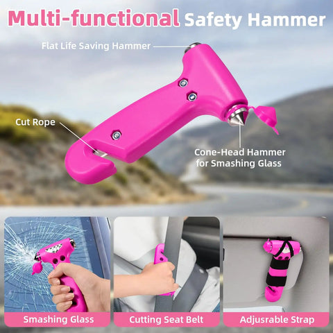 Multi-functional pink safety hammer from Pink Car Emergency Kit With Jumper Cables And Tow Strap, showing smashing glass feature.