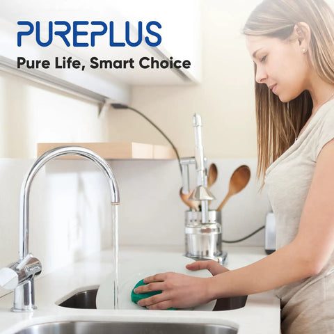 Woman using Under Sink Water Filter System With 22,000 Gallons Capacity For Home Use, 99.99 Percent Chlorine Reduction And Heavy Metals Removal, NSF ANSI 42 Certified, Direct Connect Under Counter Filtration, No Brainer DIY Install in kitchen