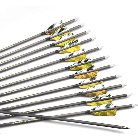 Six Pack 25 Inch Arrows With 800 Spine And Removable 100 Grain Tips For Target Practice And Hunting 3 Inch Turkey Feather Fletching On Carbon Arrows For Traditional Long Bow Recurve And Modern Compound Archery Yellow Camo