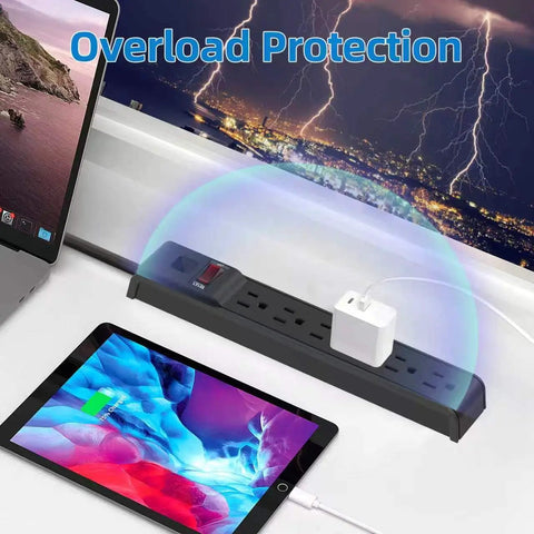 Must Have Workspace Essential Featuring Six Heavy Duty Outlets And Legit Surge Protector Rated At 600 Joules Along With 15 Amp Capacity While Shielding Devices From Dangerous Voltage Spikes Daily Use, showing power strip with overload protection.