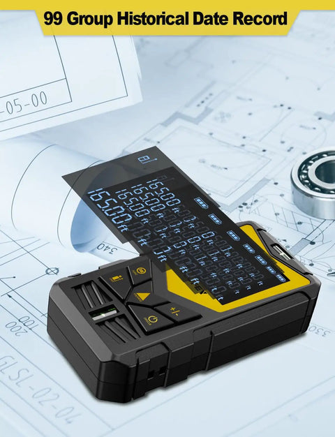 165ft Laser Distance Meter With Dual Bubble Levels And Black LCD Display Pythagorean Mode For Quick Distance Area And Volume Measurements A Handy DIYer And Pro Friendly Measuring Tool, black-yellow handheld unit on blueprints