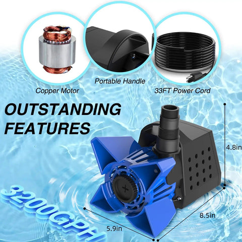 Beefy 3200 GPH Submersible Pond Pump With 200W 33 Feet Power Cord showing copper motor, handle, and features.