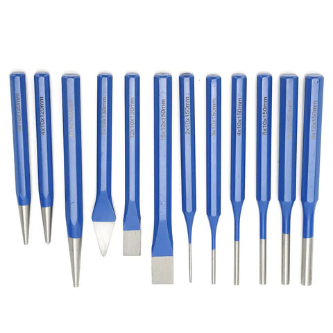 Heavy Duty 12 Piece Chisel Punch Kit With Blue Handles And Conical Flat Cylindrical Tips For Engraving Carving Metalworking Stamping Jobs Done Right, 12pc CRV steel