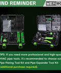Two MERWOF metal pipe reamer kits in green cases; deburring and chamfering tools for copper and PVC pipes, 1/4"–1-5/8" tubing.